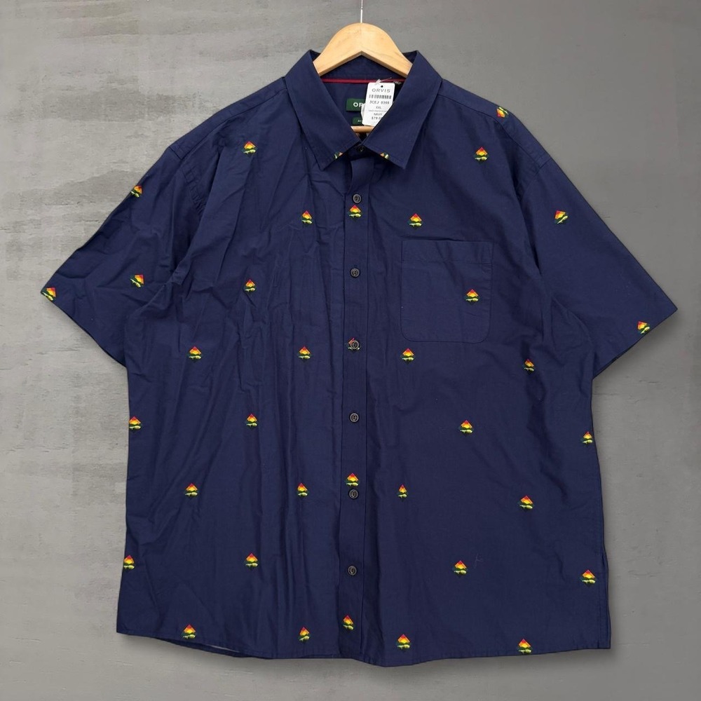 NEW‎ Orvis Button Up Short Sleeve Shirt Navy Sunset Mountain Print XXL